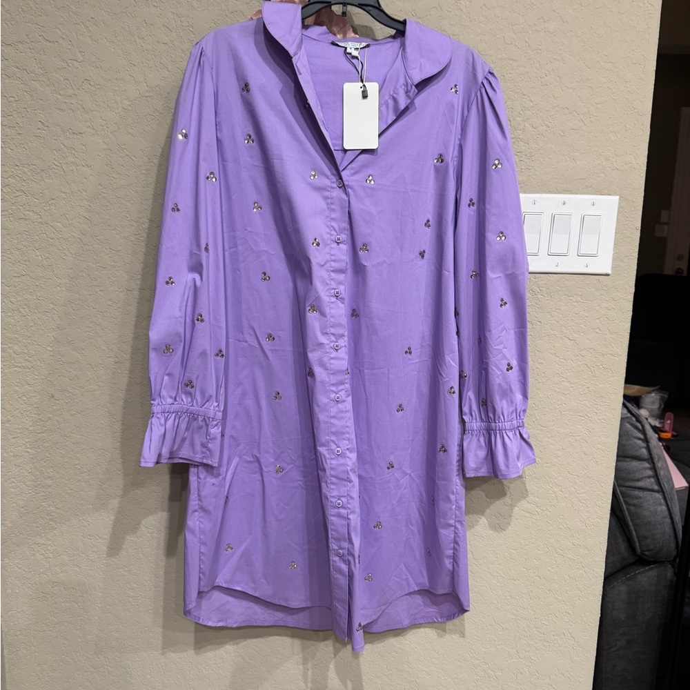 NWT Taylor Tillman Purple Embroidered Button-Up Dress SZ SM pit2pit 19” L 37”